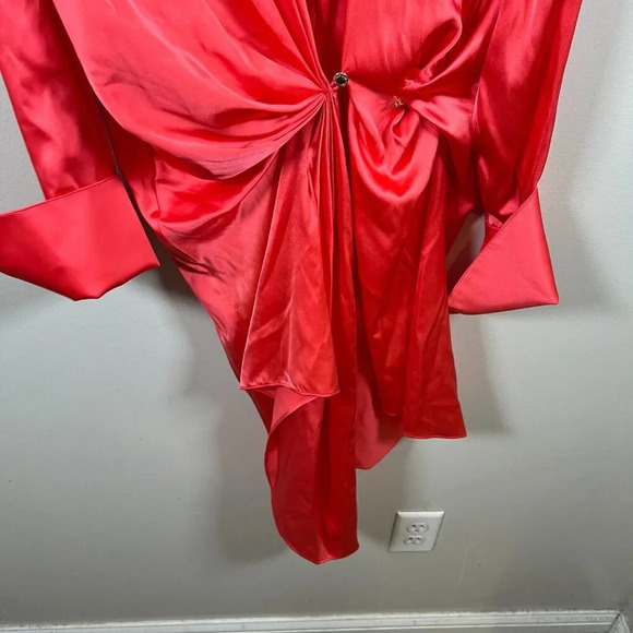 SER.O.YA Demi Silk Dress Size Medium Neon Coral Pink Shirt Dress Wrap Party - Picture 8 of 13